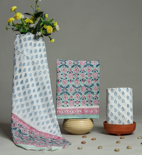 Traditional Hand Block Print Cotton Suit Set with Mulmul Dupatta (PRMUL105)